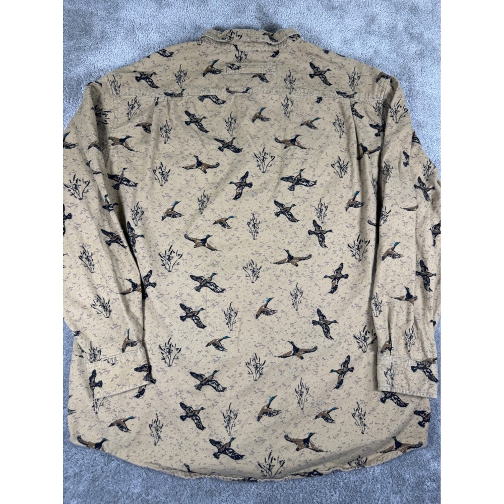 Duluth Trading Co Mens 2XL Tall Relaxed Fit Mallard Duck Print Cotton Shirt Tan - Picture 2 of 6